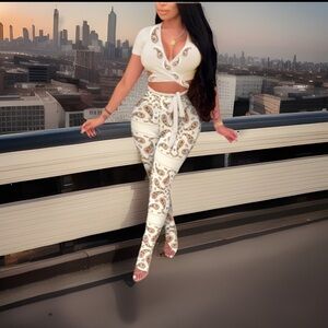 Gorgeous Cashew Print Beige Wrap Crop Shirt & Matching Leggings/Pants 2pc Outfit